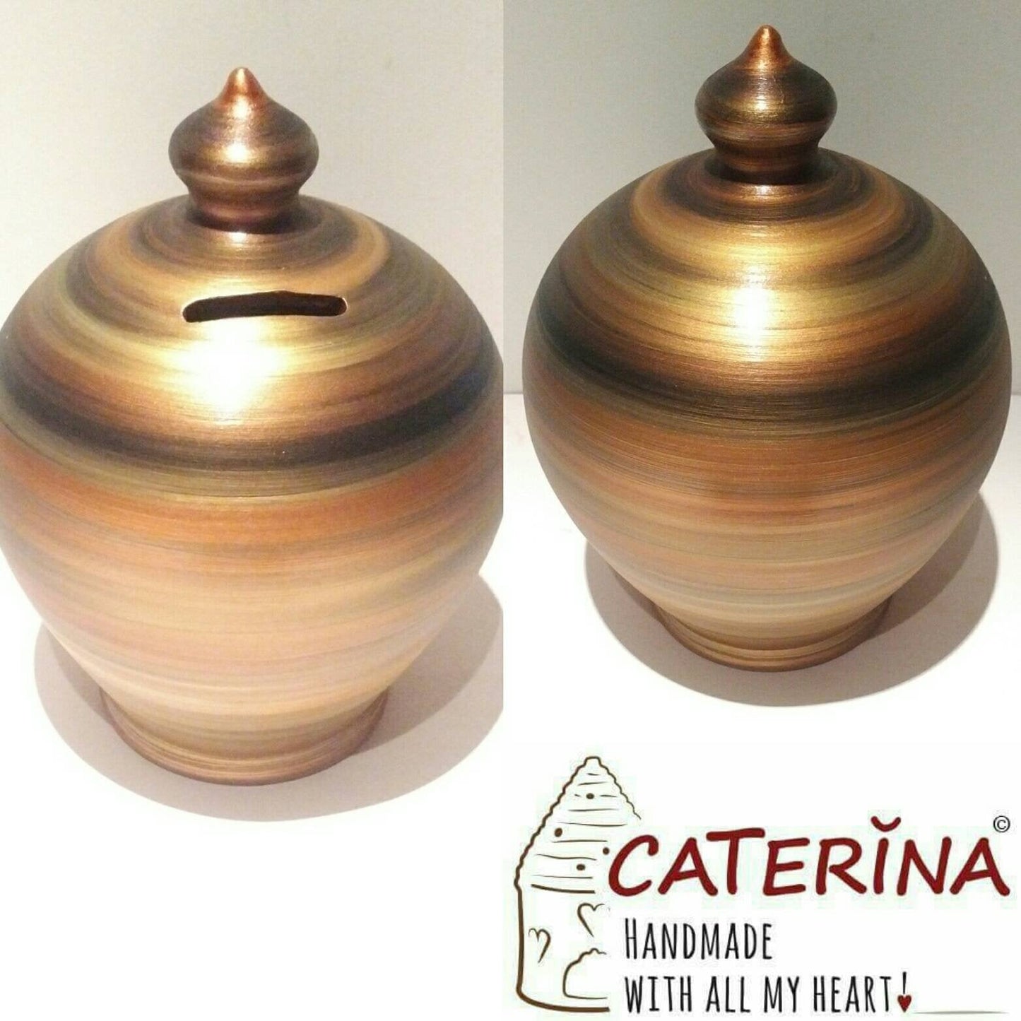 Adult Piggy Bank. Made to order. Size: 25 cm = 9.8425 Inches.  Colors: Copper, Gold and Black, as in picture. With hole and stopper plug, or without hole. This item is entirely handmade and hand-painted with acrylic colors, and is signed by me at the bottom.