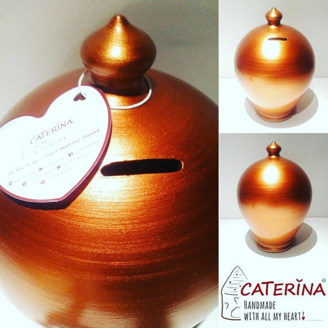 A coin bank for your cash savings, so stunning and stylish that you will never want to break open. Handmade to order in my studio in Rome, Italy, it is the perfect gift for women and men. Color: Metal copper. Size: 20 Cm = 7.874 Inches; Circumference: 52 cm = 20 inch. With hole and stopper plug, or without hole.