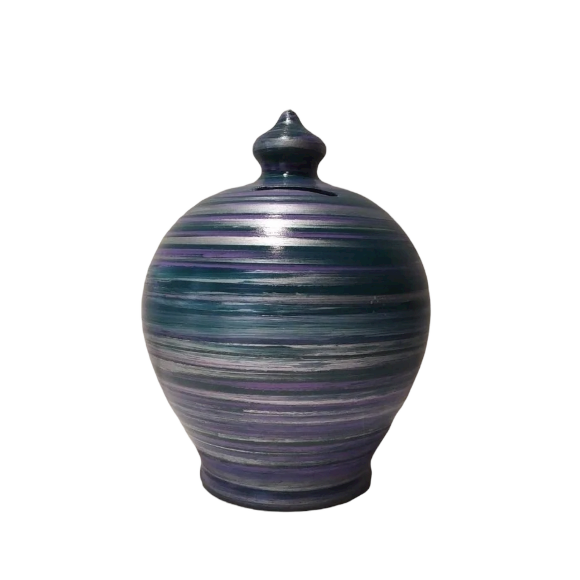 Piggy bank, italian pottery piggy bank. Colors: green, purple, silver as in picture. 💰Size: 15 cm = 5.90 inches in height. Circumference: 40 cm = 15.74 inches. With hole and stopper plug, or without hole.