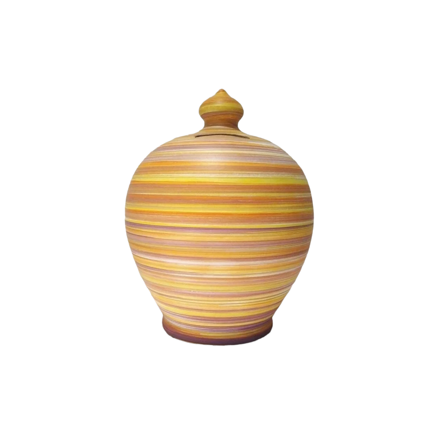 Give your home a stylish touch with this handcrafted and hand painted clay money pot. A work of practical art, and an amazing gift, this piggy bag for adults is a keepsake that they’ll treasure for years to come!  Size: 17 cm = 6.70 inches in height. Circumference: 44 cm = 17.32 inches.   Colors: White, Purple, Orange, Yellow, as in picture.  With hole and stopper plug, or without hole.