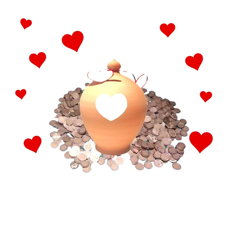 Handmade in Italy, custom made and full of love! Our coin banks will make you love saving money!  💰Size: 20 cm = 7.87 inches in height. Circumference: 52 cm = 20 inch.  Coin Bank Color: Natural clay, not lacquered.  Heart Color: 1 White heart lacquered, as in picture.  With hole and stopper plug, or without hole.  This item is entirely handmade and is signed by me at the bottom.