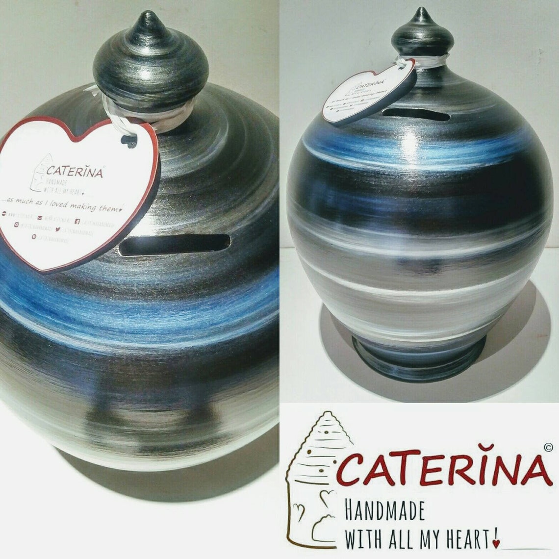 Curvy, gorgeous, precious and one of the most classy and thoughtful gifts for a man or a woman! Handmade and hand painted in my studio in Rome, Italy.  💰 Size: 17 cm = 6.70 inches in height. Circumference: 44 cm = 17.32 inches.  Colors: Silver, Navy Blue and Black, as in picture.  With hole and stopper plug, or without hole.