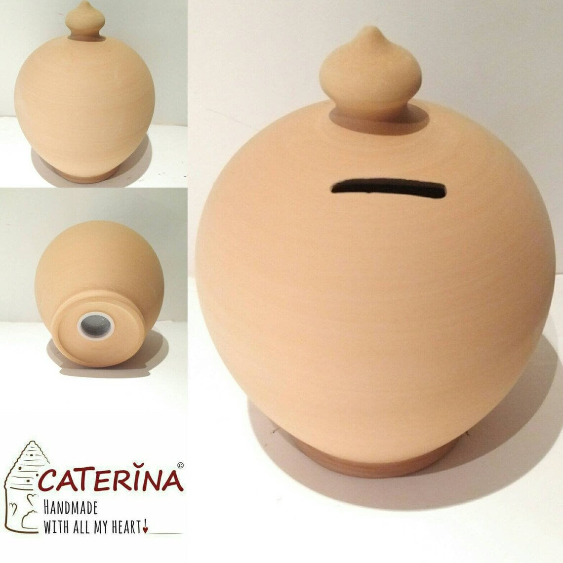 Smash Piggy Bank! Terracotta Money Pot, one of the most classy and thoughtful gifts for a man or a woman!  💰Size: 17 cm = 6.70 inches in height. Circumference: 44 cm = 17.32 inches  Color: Natural clay, not lacquered. With hole and stopper plug, or without hole.  Wheel thrown pottery, handmade Italian Coin bank.